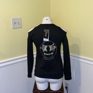Terez girls large black and silver cold shoulder long sleeve top. NWT.